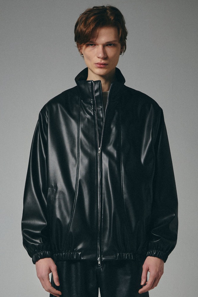 SPERONE FAUX LEATHER CURVED PANEL JACKET [BLACK]